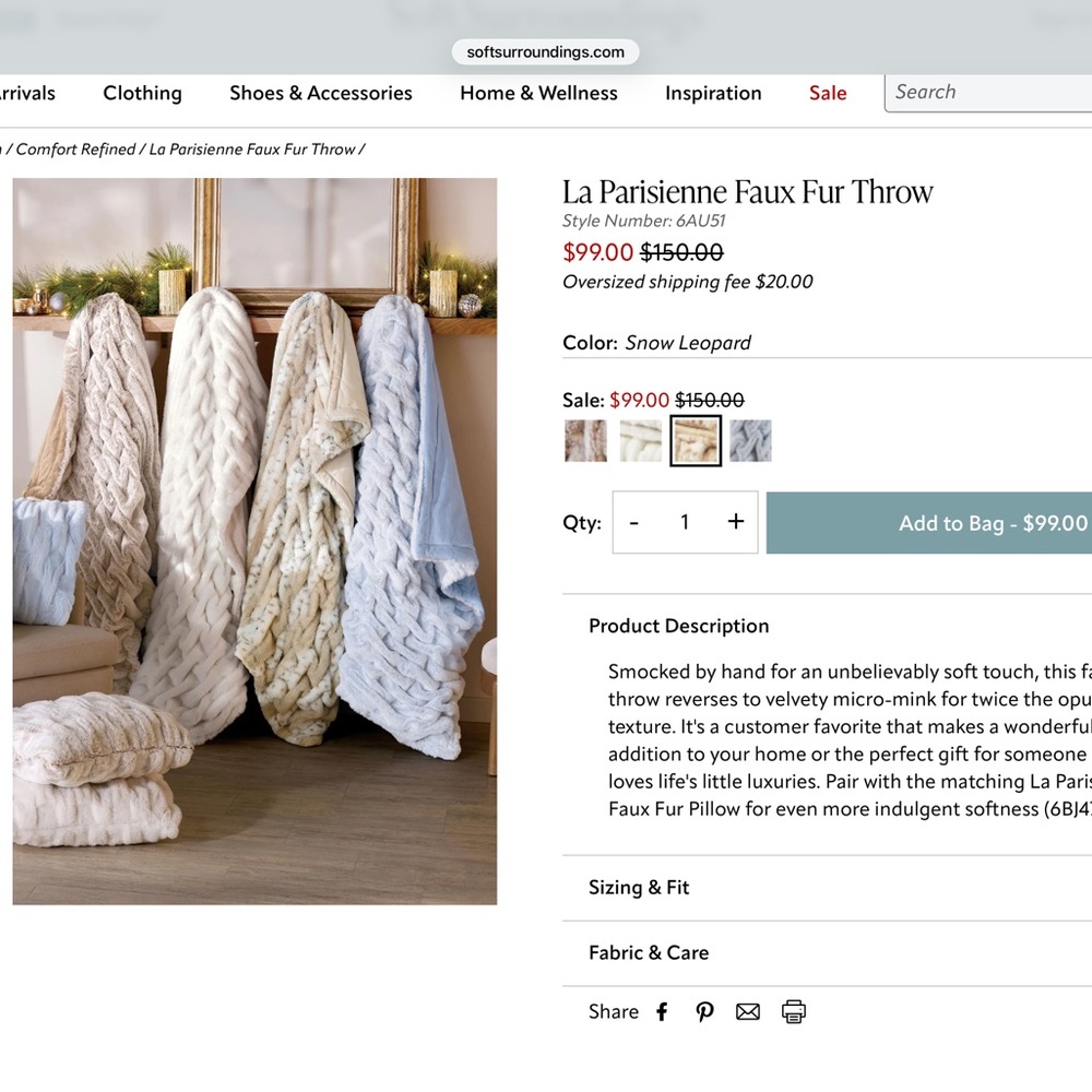 Soft Surroundings La Parisienne Faux Fur Throw in Cream & Brown. Price firm.